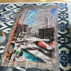 Cityscape Print Scarf with Vibrant Red, Green, Blue Accents